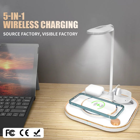 15W Fast 5 in 1 Wireless Charging for Iphone Watch Earphone Modern Led Office Desk Lamp Wireless Charger Lamp